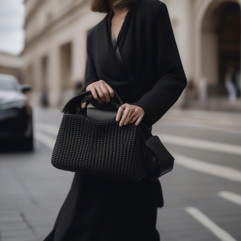 Stylish woman carrying a Bottega Veneta black woven bag