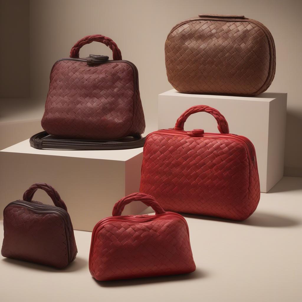 Different sizes and colors of the Bottega Veneta knot bag, including a clutch, a shoulder bag, and variations in black, brown, and a vibrant red.