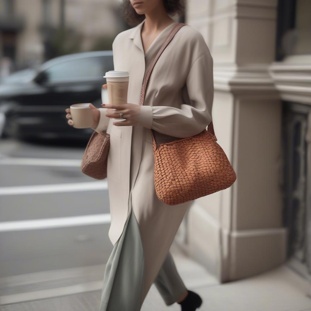 A woman stylishly carrying a Bottega Veneta woven shoulder bag, showcasing its versatility and how it complements different outfits.