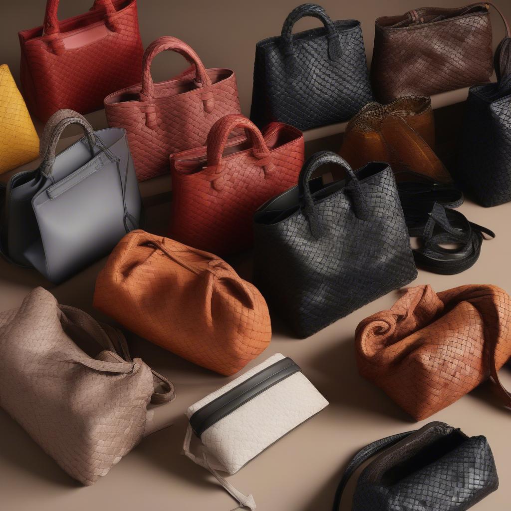 Different styles of Bottega Veneta woven shoulder bags, showcasing variations in size, color, and leather.