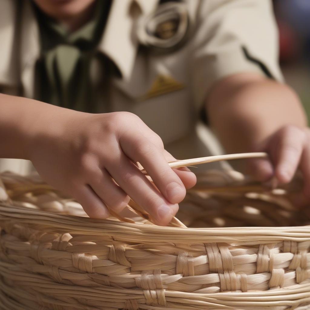 Boy Scout learning basic weaving techniques