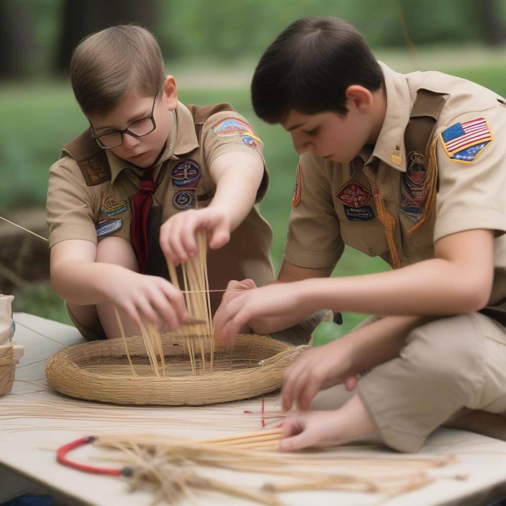 Boy Scout learning the art of basket weaving from an experienced instructor