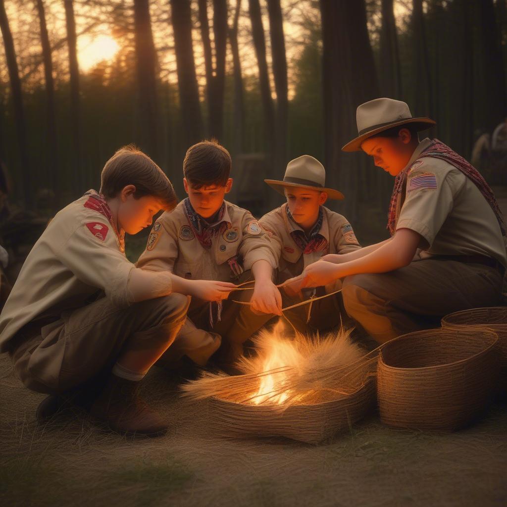 Boy Scouts Weaving Square Baskets