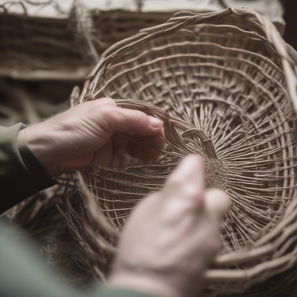 Close-up of hands weaving branches together to form a basket