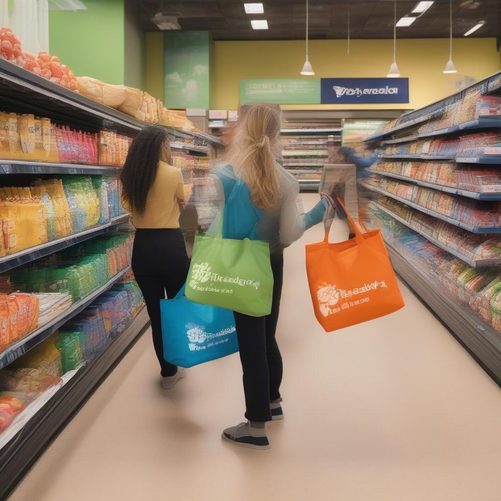 Branded non-woven tote bags at a grocery store