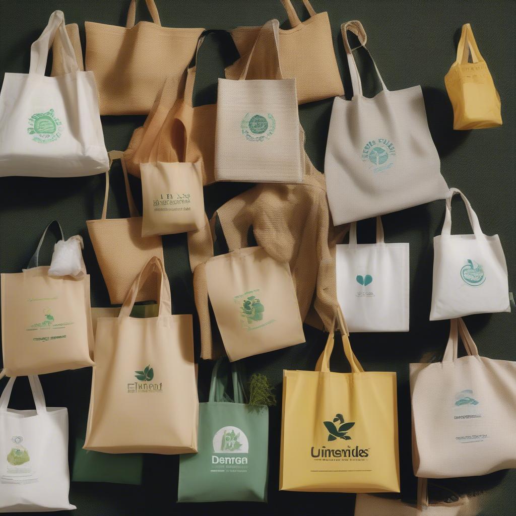 Branded recyclable woven polypropylene bags from various retailers.