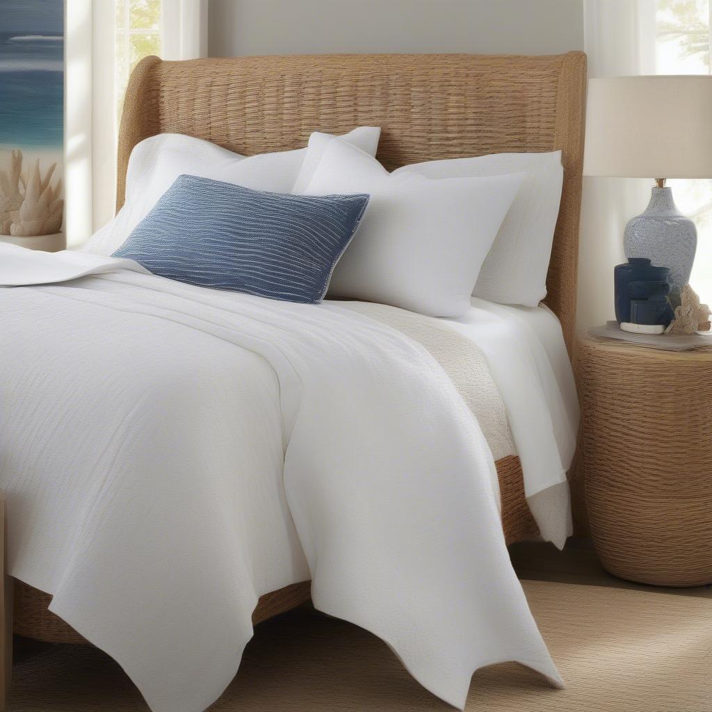 Brielle basket weave navy sham styled in a coastal-themed bedroom.