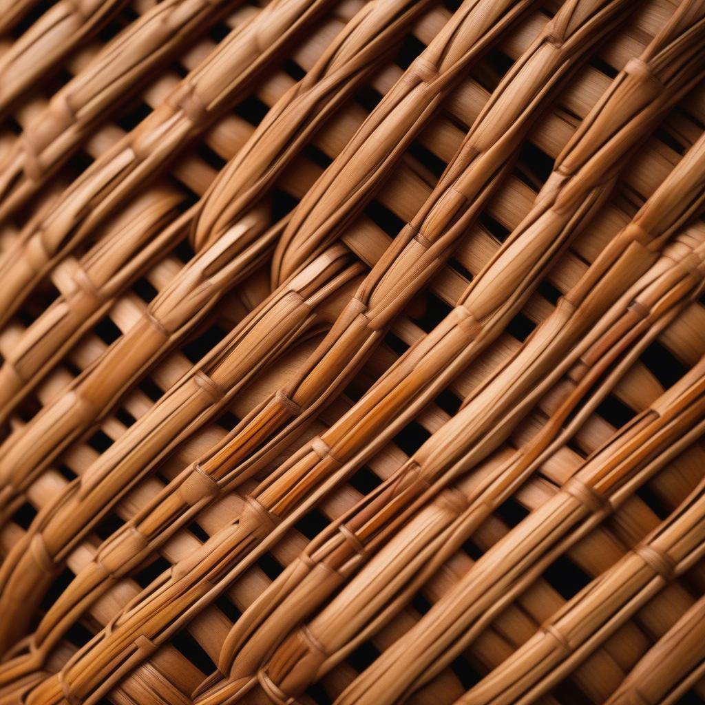 Close-up of a brigadier basket weave whiskey bottle, showcasing the intricate rattan detail and the amber glow of the whiskey within.