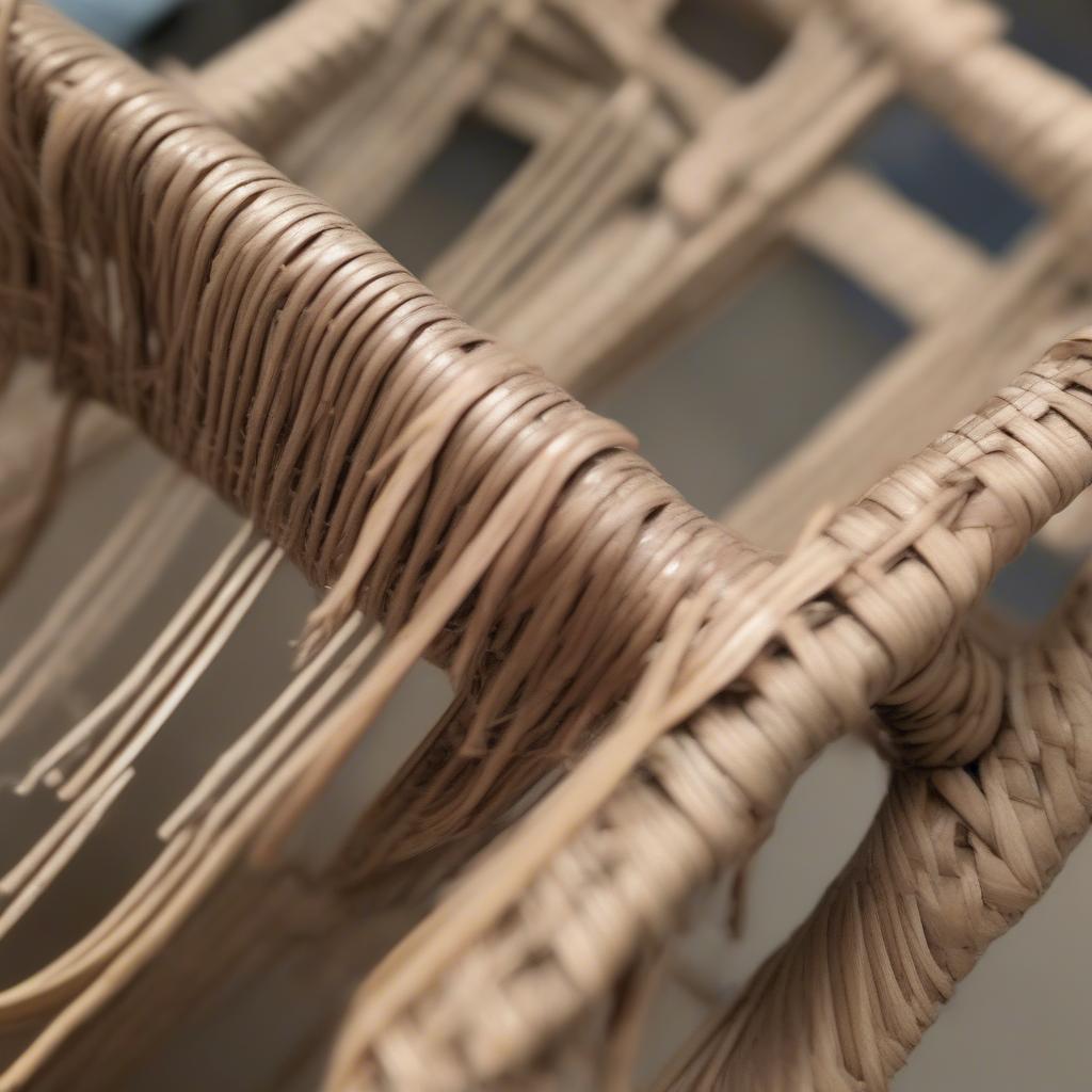 Close-up of a broken wicker chair frame showing separated strands and loose joints