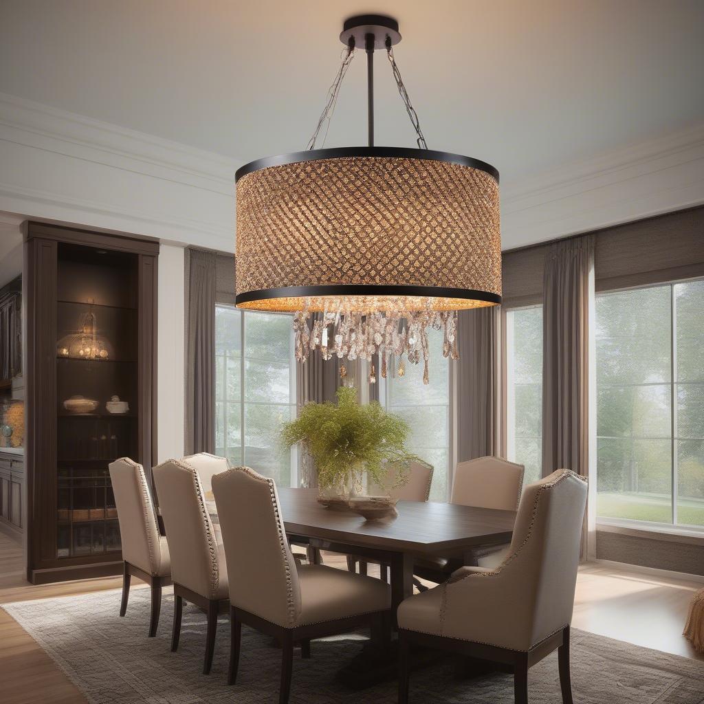 Bronze Basket Weave Drum Jeweled Chandelier in Dining Room