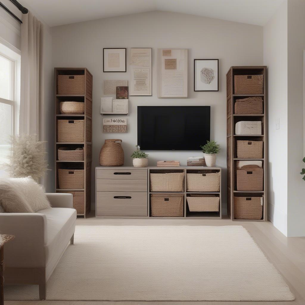 Brown basket weave plastic drawers used as stylish storage in a living room setting