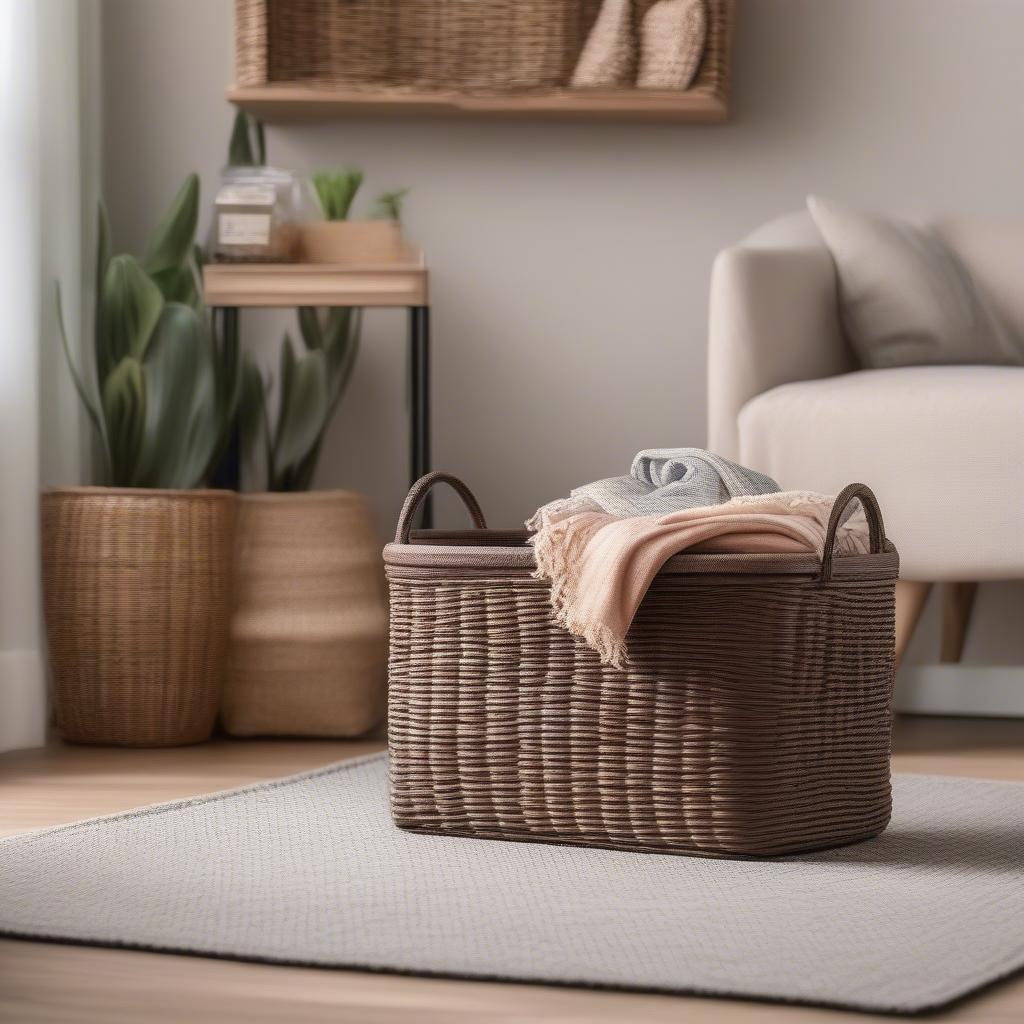 Brown Plastic Weave Basket Used in a Home Setting for Storage