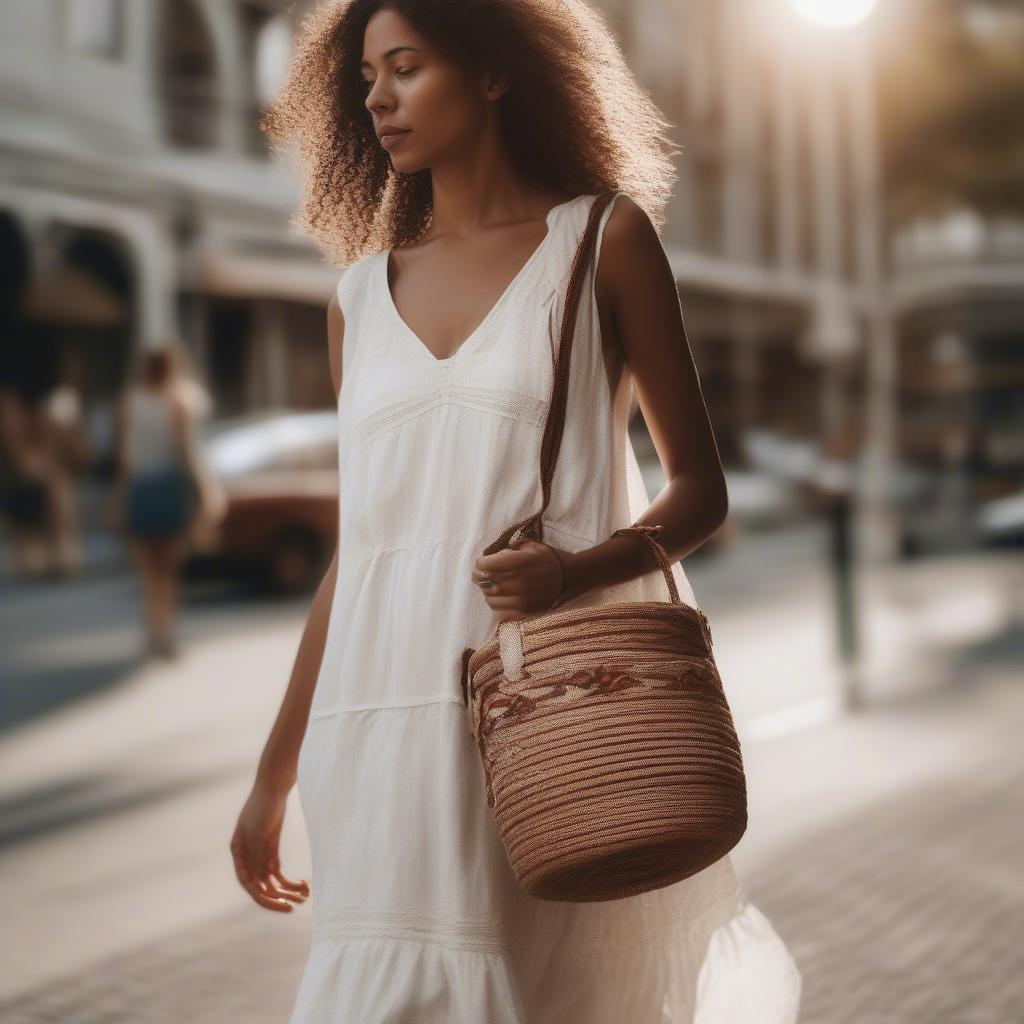 Brown Weave Bucket Bag Street Style