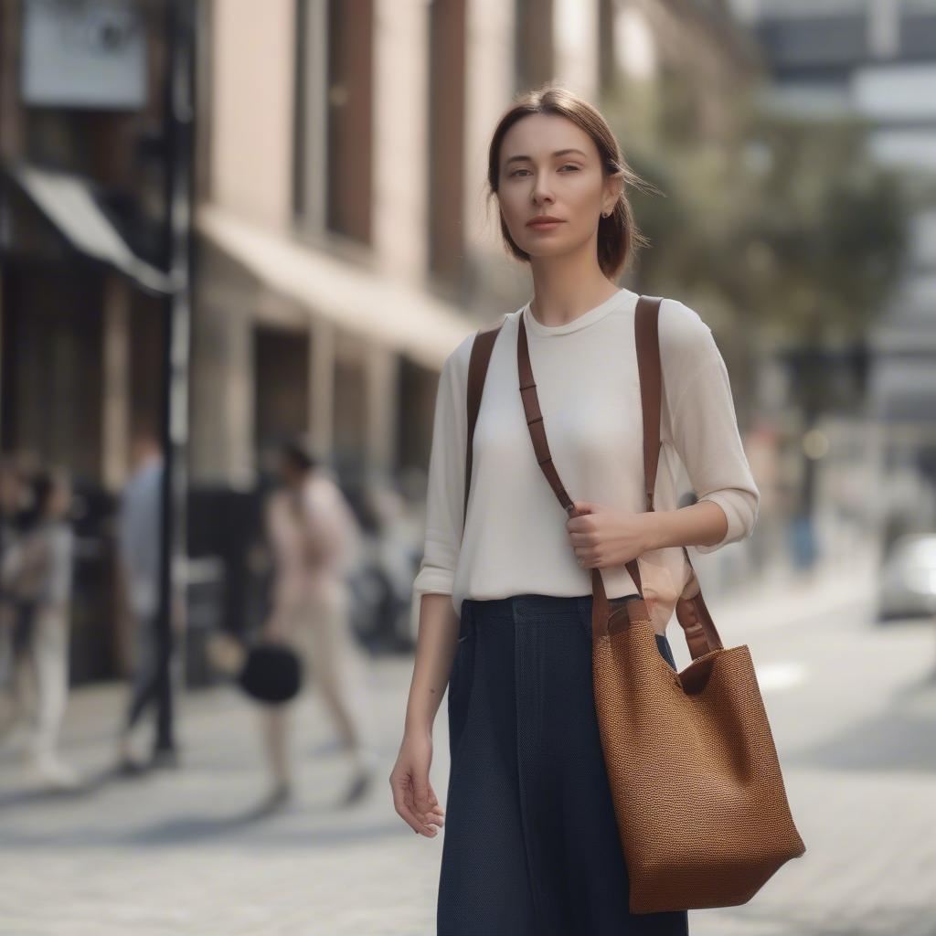 Brown Woven Bag with Black Strap Street Style