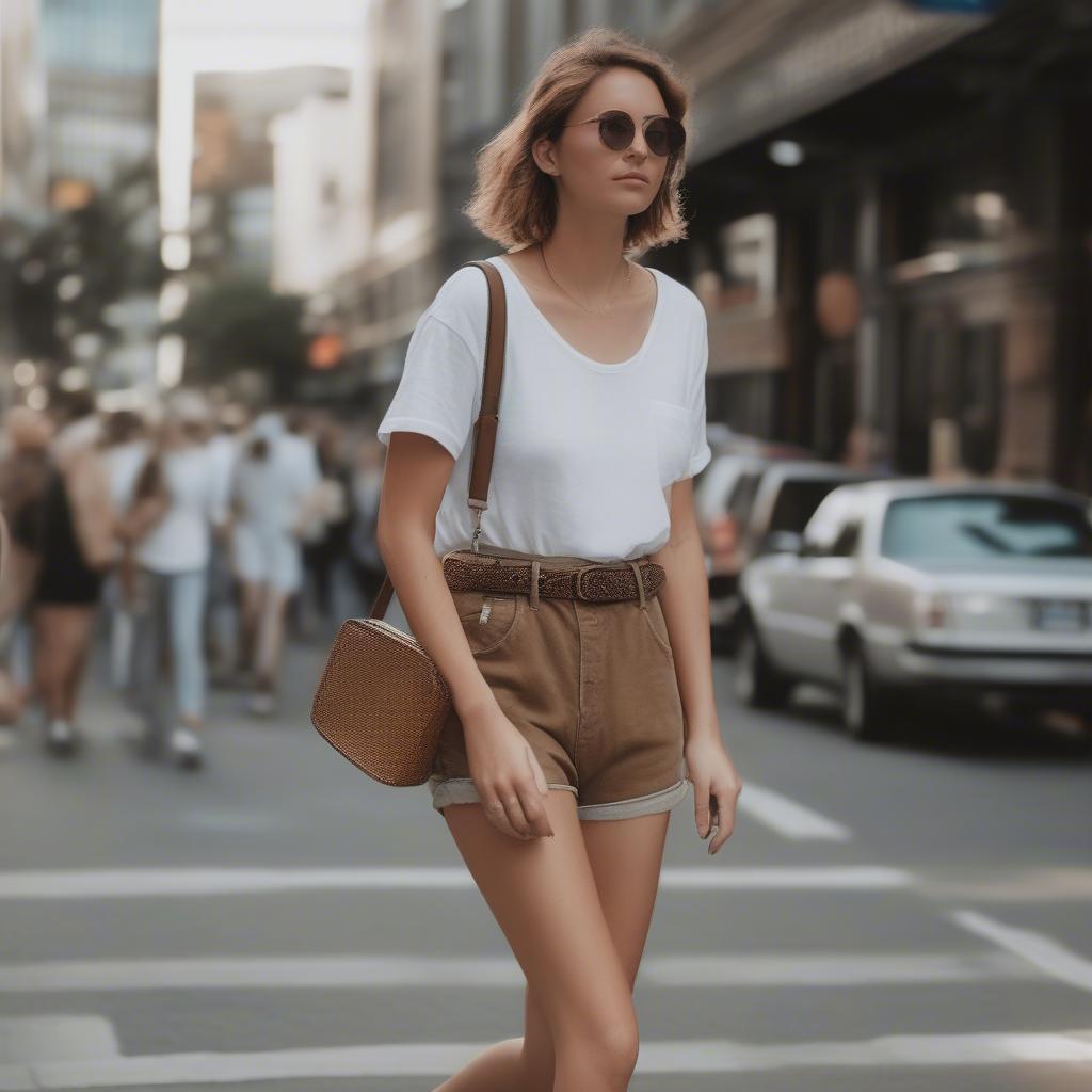 Brown woven belt bag street style outfit inspiration.