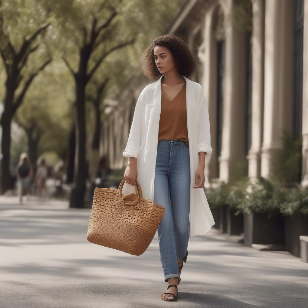 Brown Woven Tote Bag with Casual Outfit