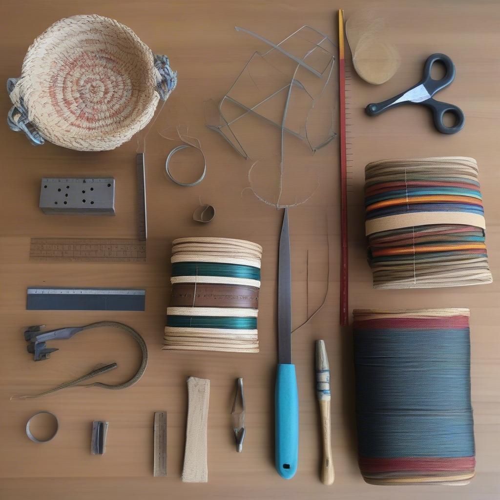 Tools and materials needed for bull belt basket weaving, including bull belts, cutting tools, and a weaving frame.