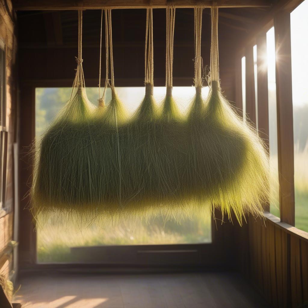 Bundles of harvested grass drying in a well-ventilated area.