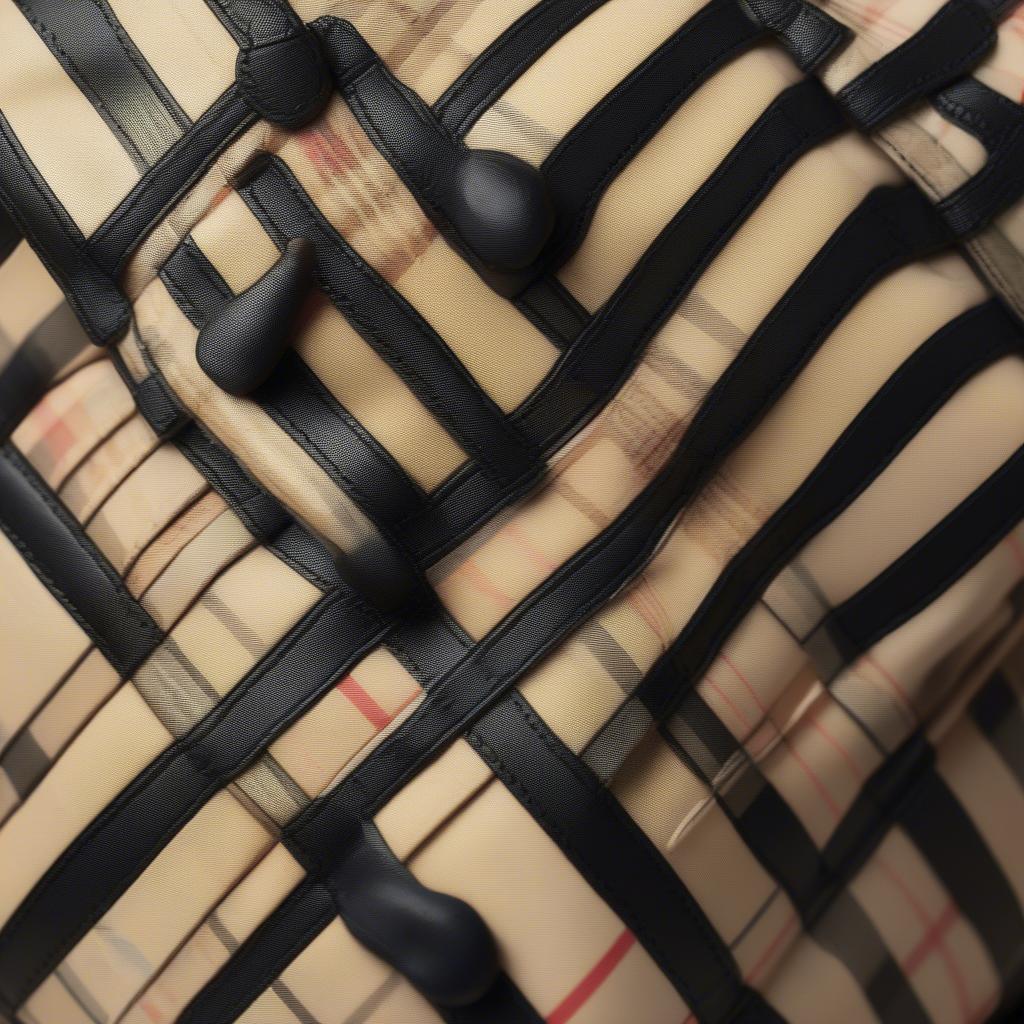 Close-up view of a Burberry woven bag, showcasing the intricate details of the weave and the signature check pattern.