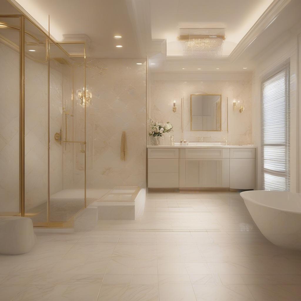 Calacatta Gold Basket Weave Porcelain Tile in a Bathroom Setting