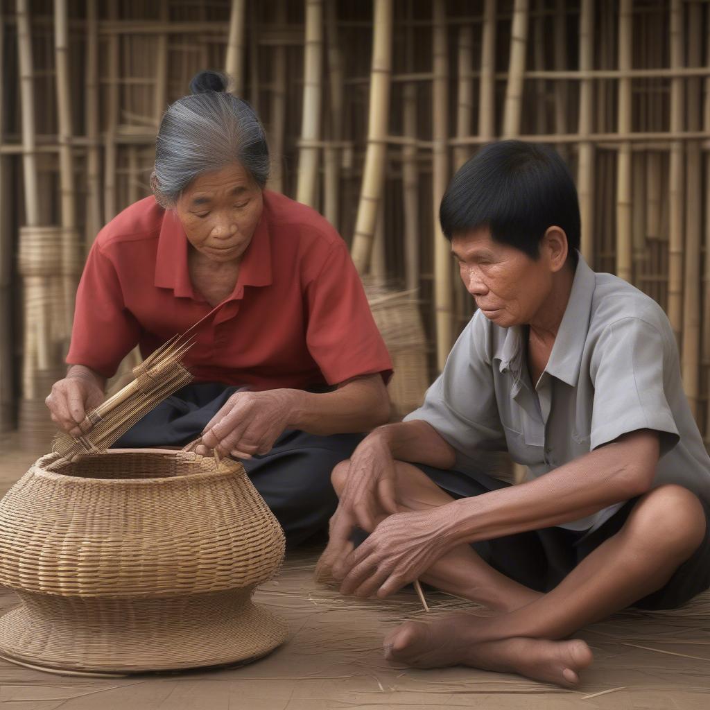 A young Cambodian learning the traditional craft of underwater basket weaving from an elder, ensuring the continuation of the art form.