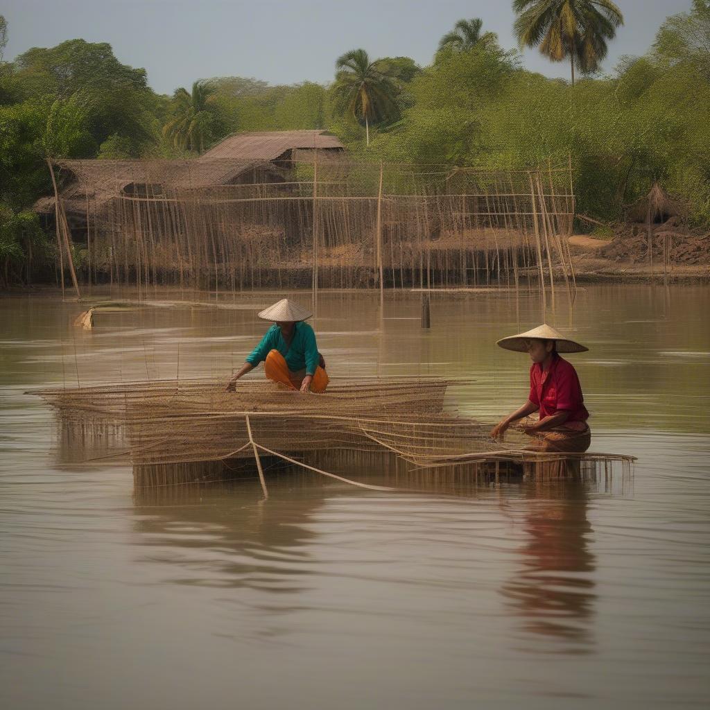 Cambodian fishermen demonstrating the origins of underwater basket weaving by weaving traps in shallow water.