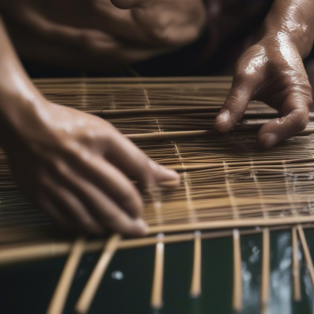 Close-up of hands meticulously weaving bamboo strips underwater, highlighting the intricate technique.