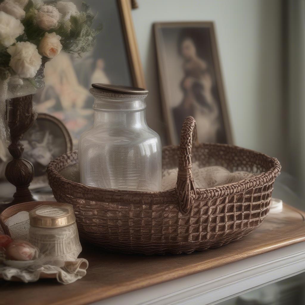 Cambridge Glass Basket Weave Basket Displayed in a Vintage Setting