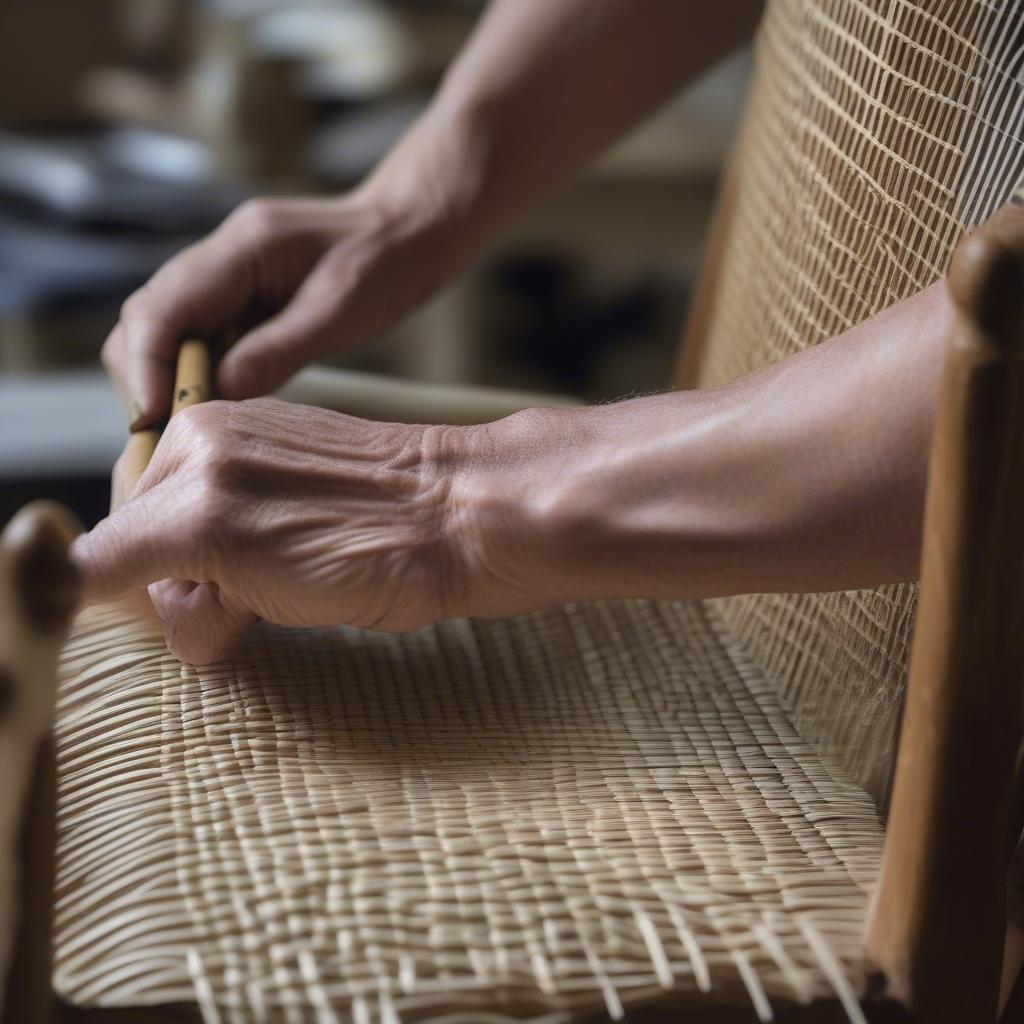 Close-up of the cane weaving process on a chair back, showing the intricate pattern and the tools being used.