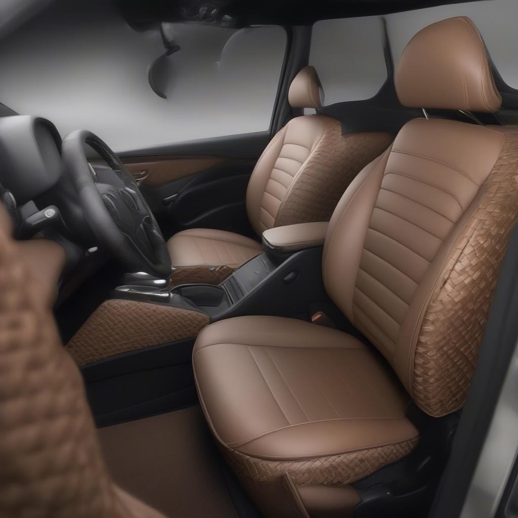 Car interior featuring basket weave vinyl on the dashboard and door panels