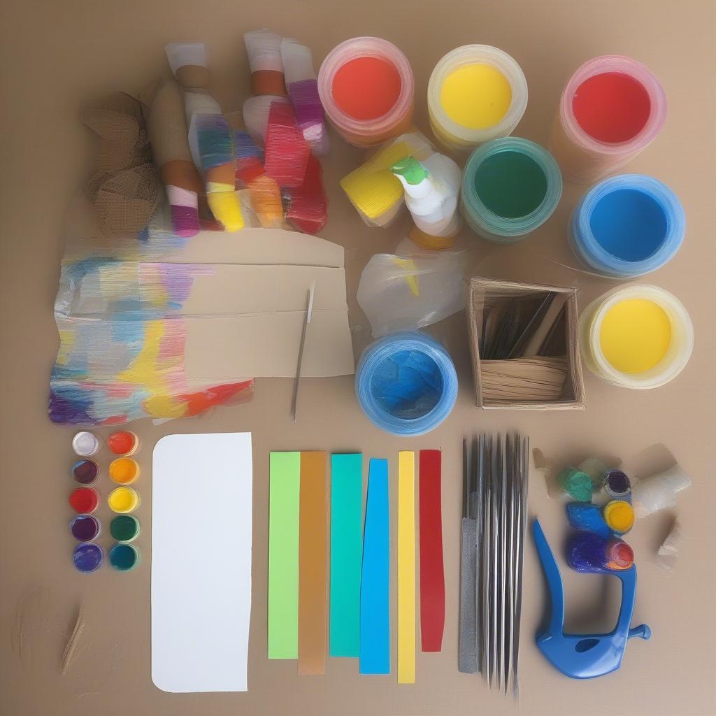 Cardboard basket weaving supplies including cardboard strips, scissors, glue, and paint.