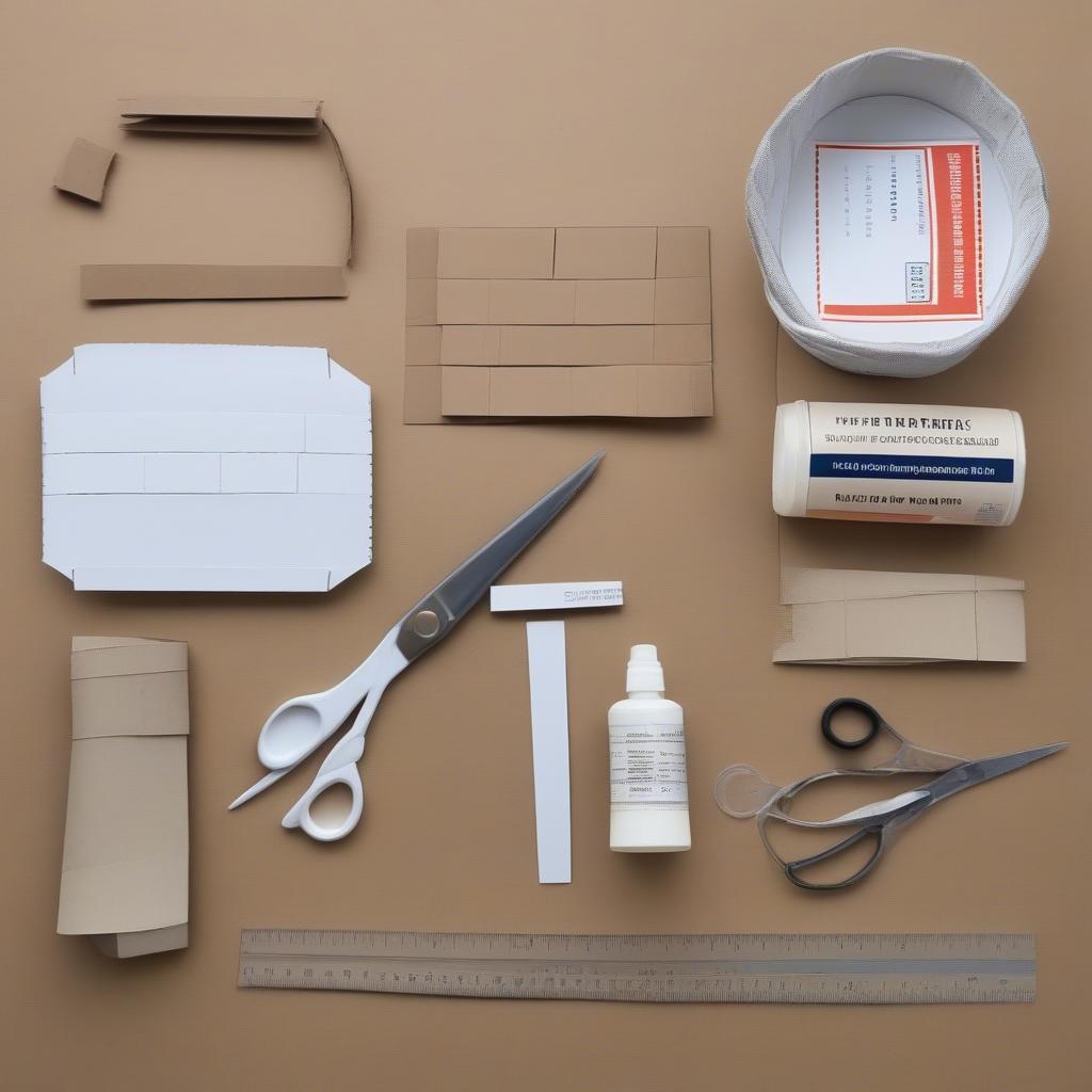 Cardboard basket weaving supplies including cardboard strips, scissors, glue, and ruler.