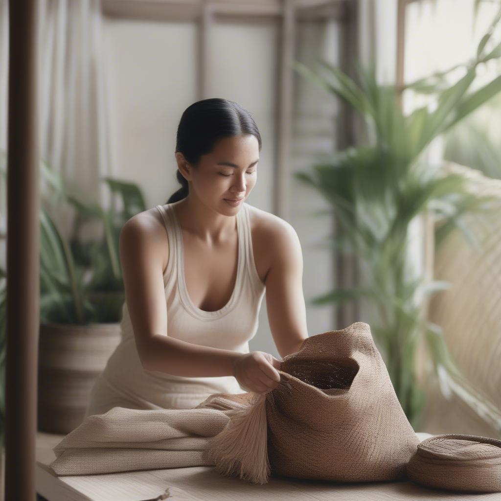 Woman Cleaning her Bali Woven Bag with a Damp Cloth