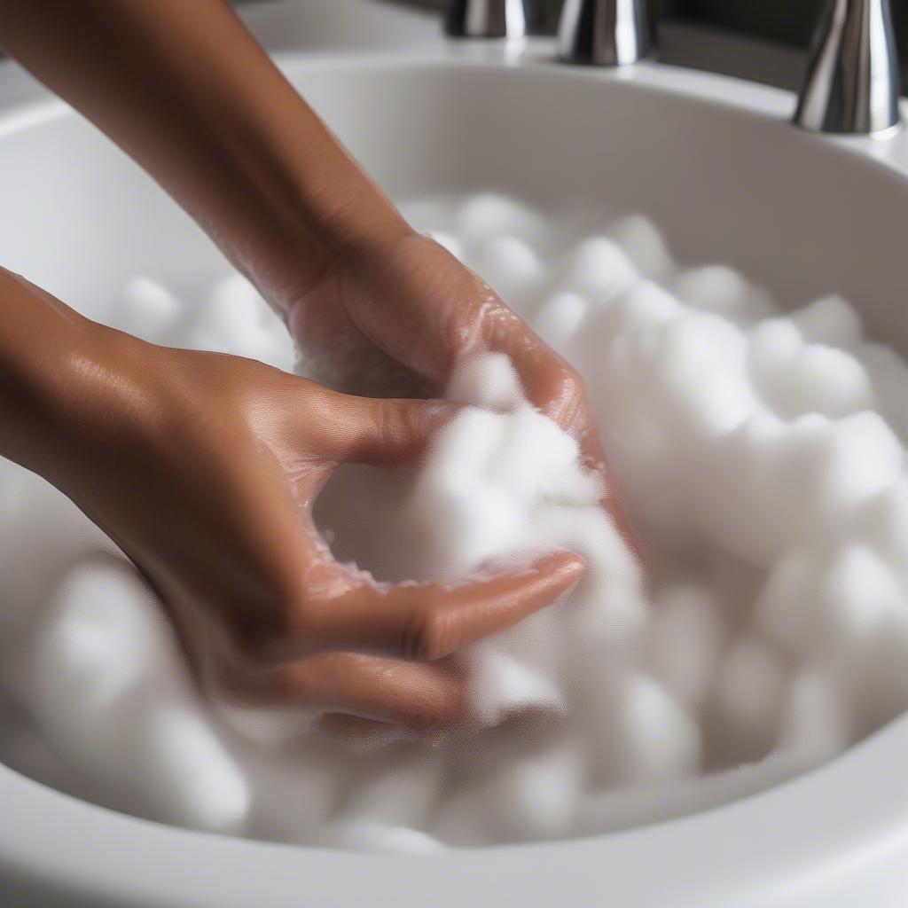 Close-up of hands gently washing a cotton basket weave throw in a basin of water.