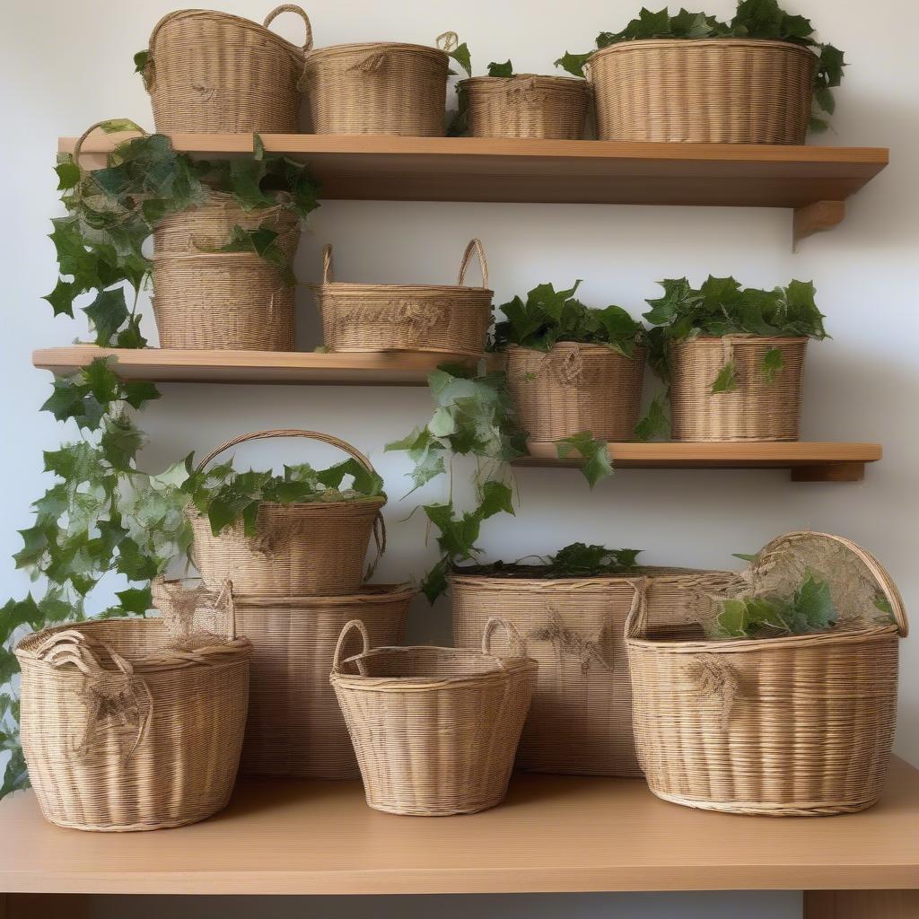 Caring for English Ivy Baskets: Several finished English ivy baskets displayed in a well-lit room.