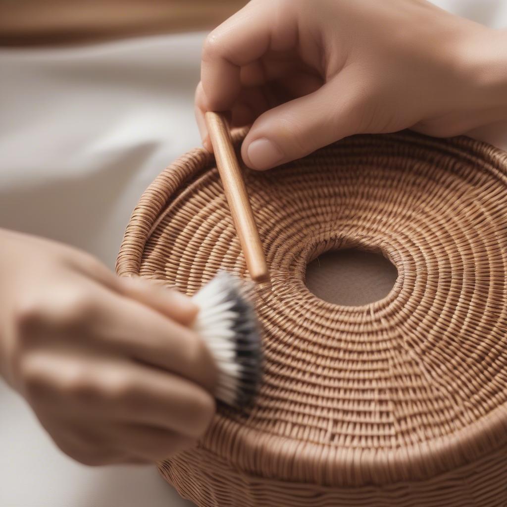 Cleaning a round rattan woven bag with a soft brush.