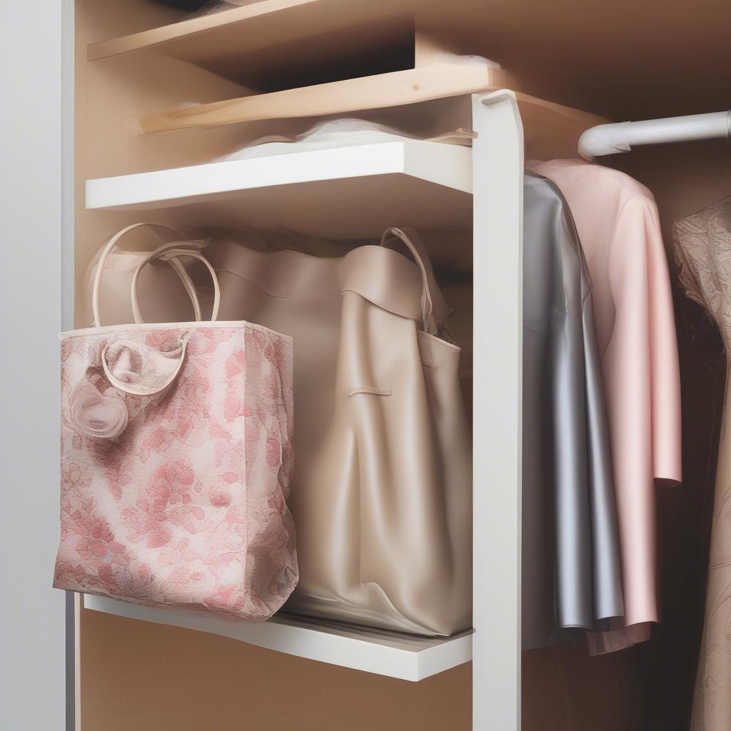 Caring for a Silk Handbag - Image depicting proper storage of a silk handbag in a dust bag inside a closet, along with cleaning tools like a soft cloth and cleaning solution.