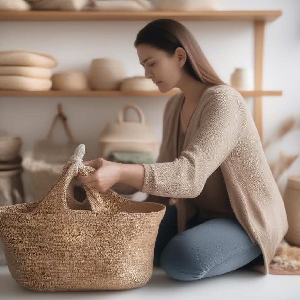 A woman carefully cleaning a woven bag with a soft brush.