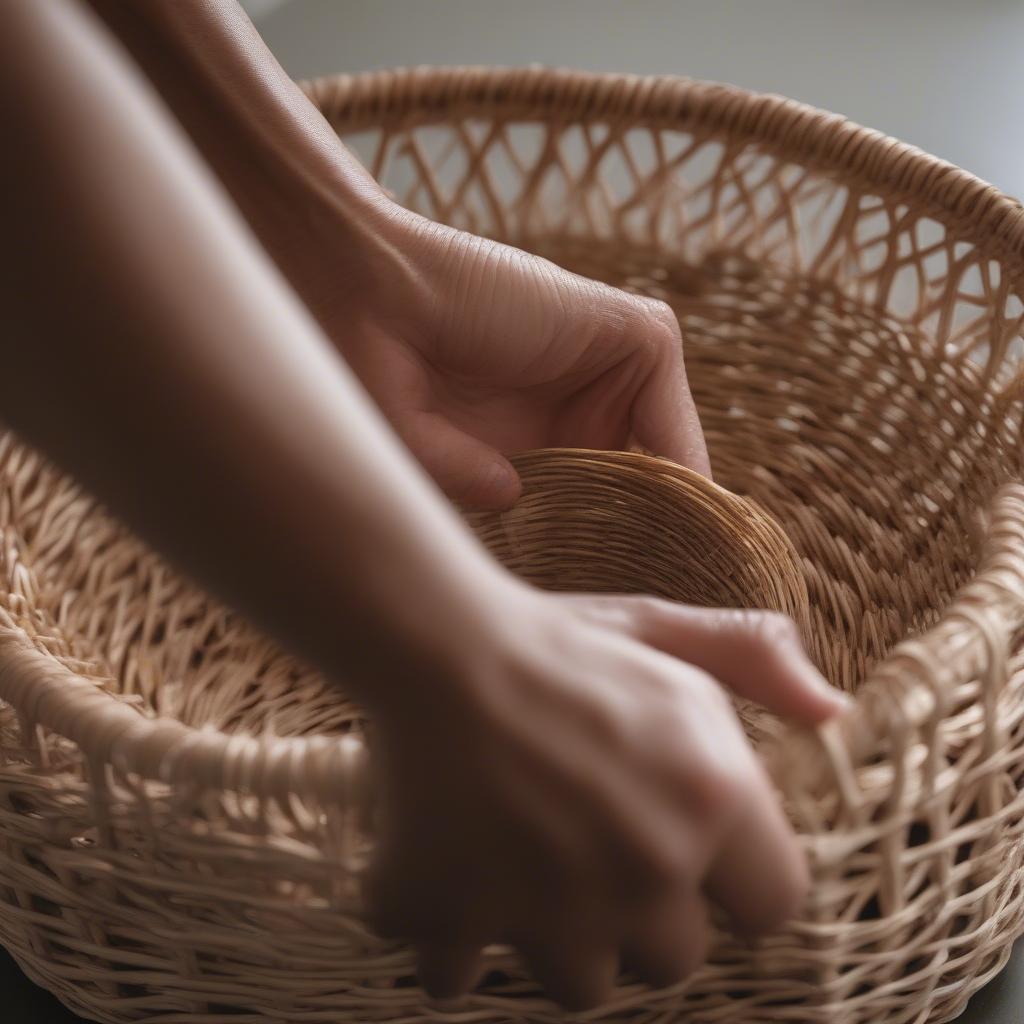 Cleaning a woven basket with a soft cloth.