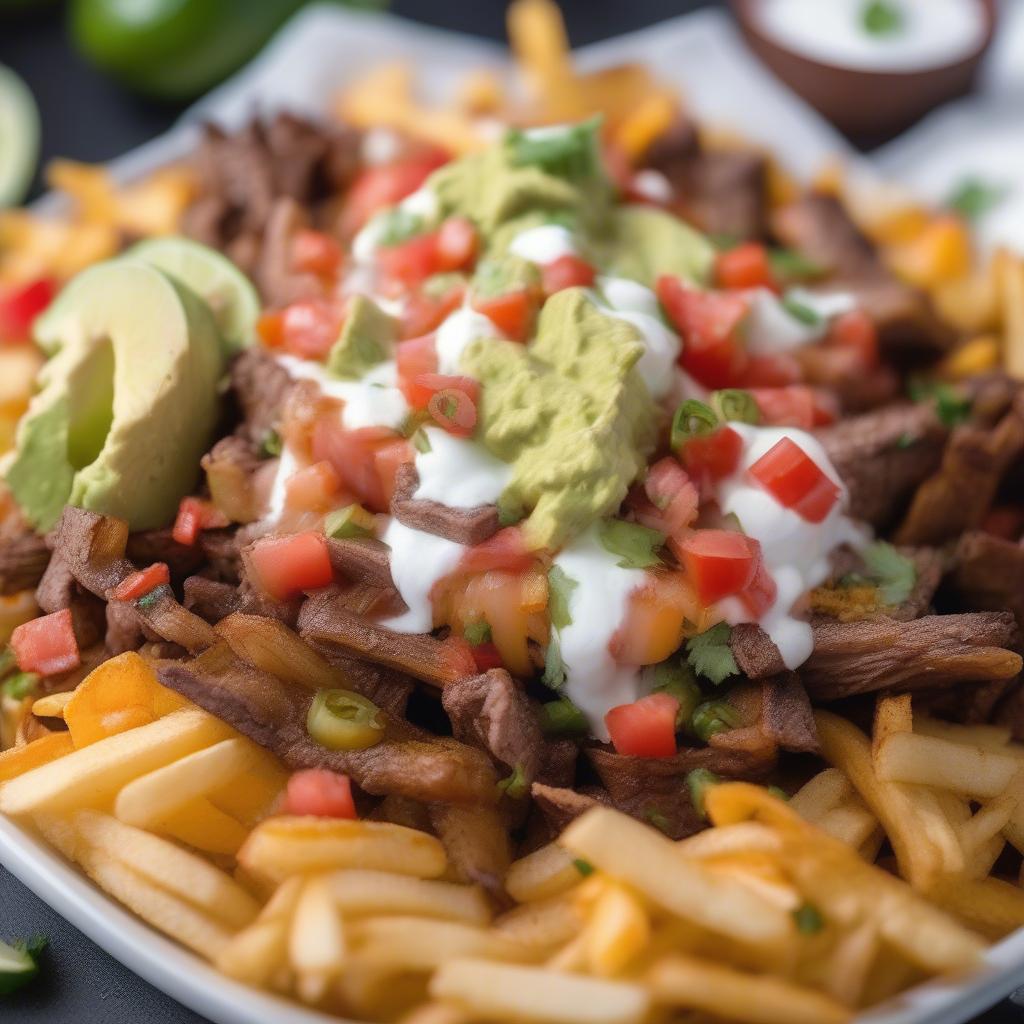 Carne Asada Fries Arranged in a Basket Weave Pattern