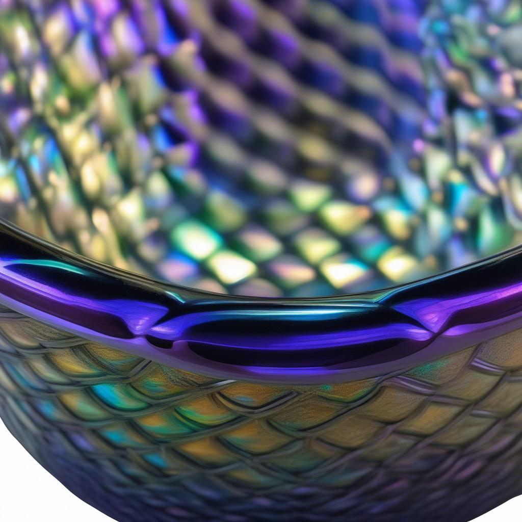 Iridescent carnival glass bowl with a distinct basket weave pattern, showcasing the play of light and color characteristic of this type of glassware.