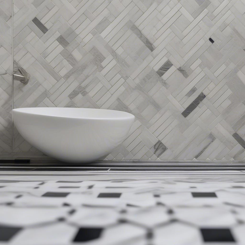 Carrera Black Basket Weave Mosaic Marble Tile Bathroom Floor