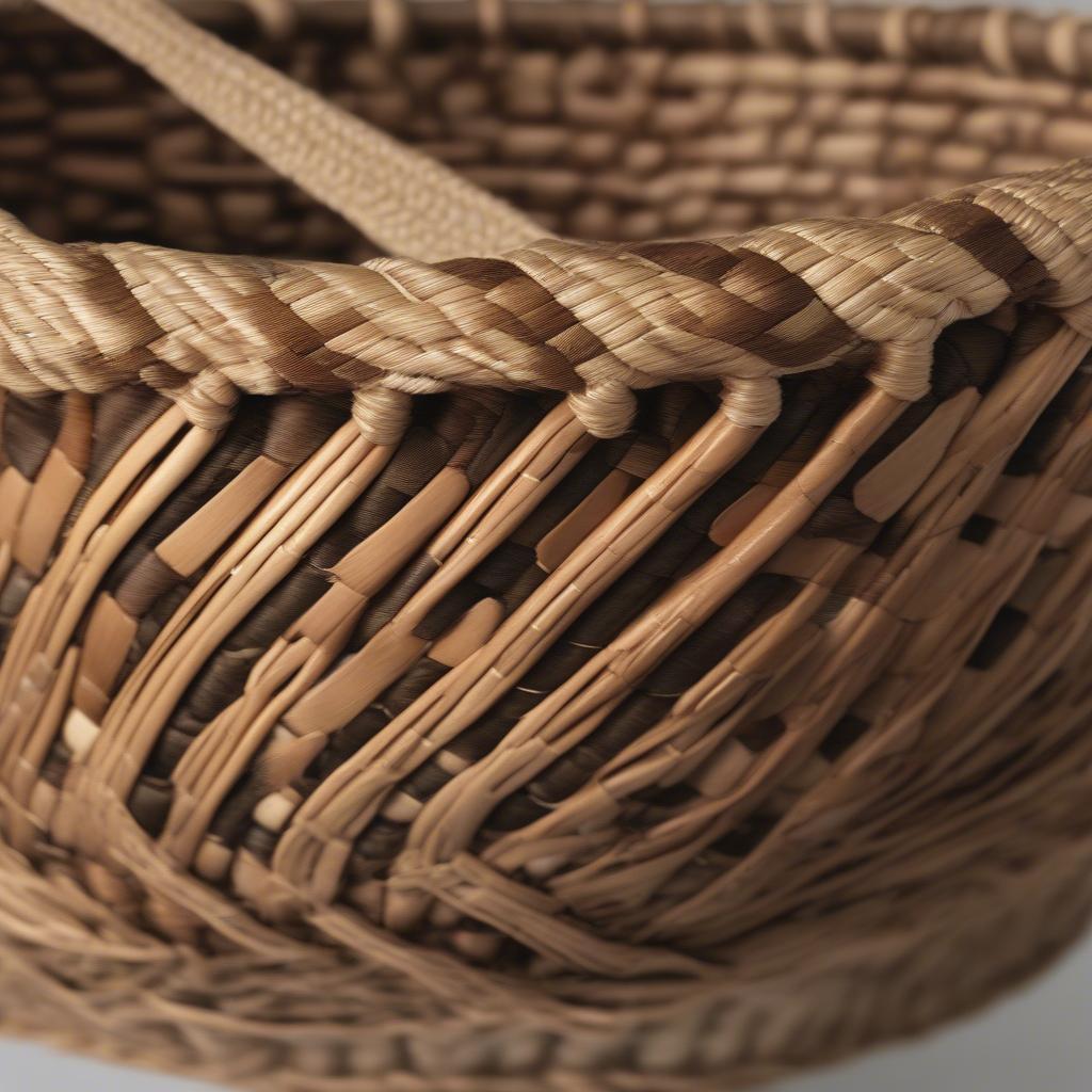 Close-up detail of a Carrie Bethel basket showcasing the intricate weaving patterns and natural materials