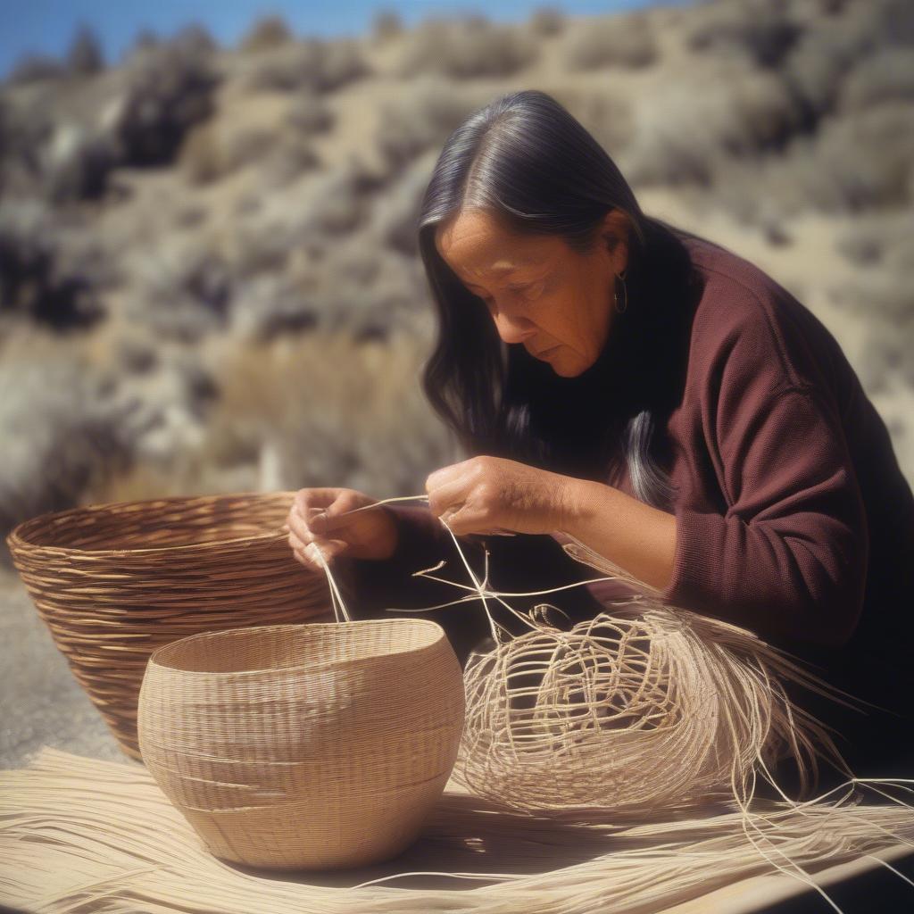 Carrie Bethel weaving a traditional Mono Lake Paiute basket