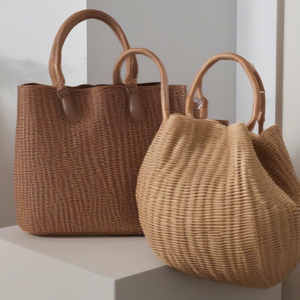 Comparison of Carvela Dina Woven Winged Tote Bags made from different materials, highlighting the differences in texture and color.