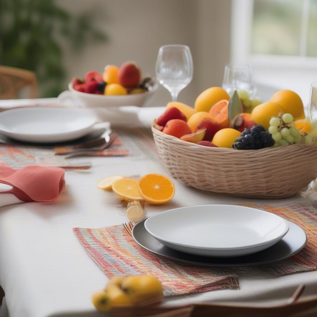 Casual dining setting with white basket weave dinner plates