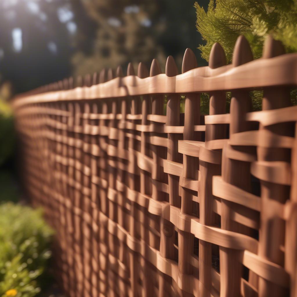 Close-up of a cedar basket weave fence section along a garden path, showcasing the intricate weaving pattern and natural wood texture.