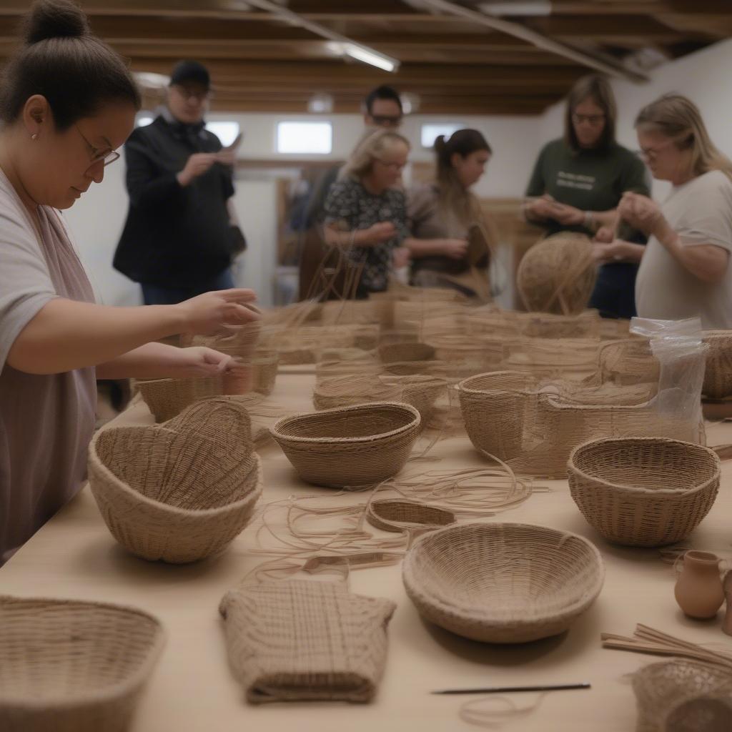 Participants actively weaving cedar baskets in a workshop setting.