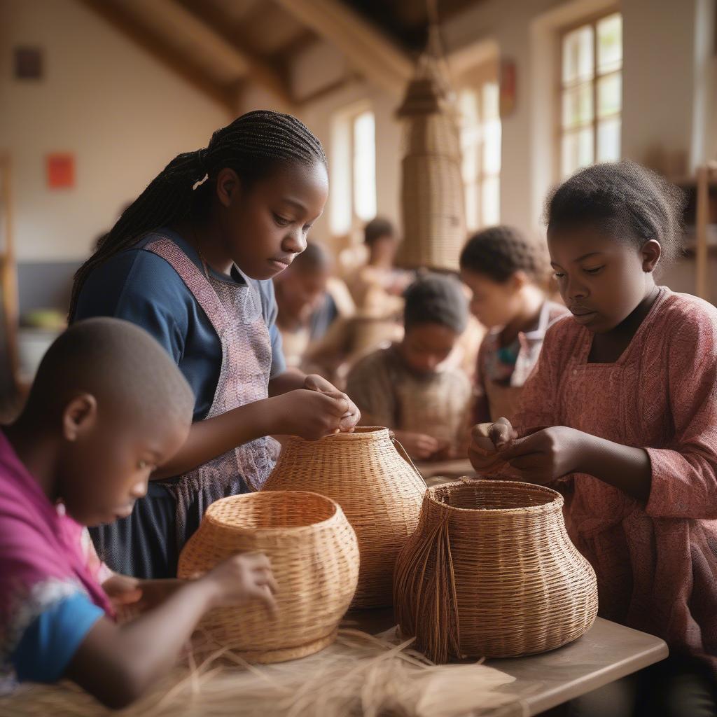 Students learning basket weaving techniques in a Cedar Park class