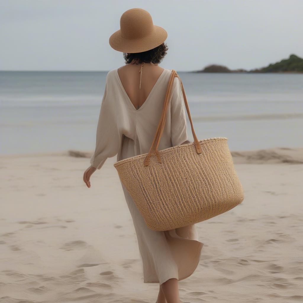 A woman carrying a rattan cesta large woven tote bag at a beach, showing its practicality and stylish look.